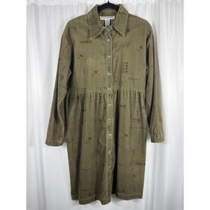 Vintage Jessica Howard Corduroy Floral Shirt Dress Olive Green Size 10
